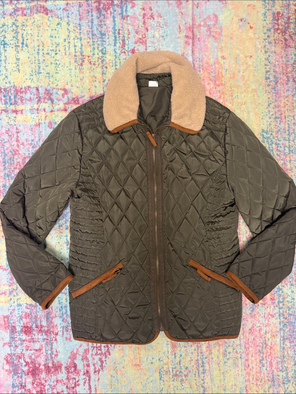 Jockey Olive Green Quilted Puffer Jacket with Tan Sherpa Collar